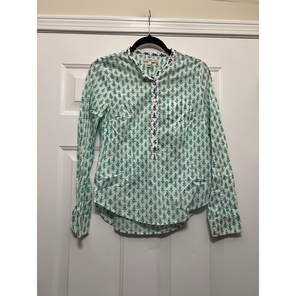 J Crew Slim-Fit Shirt Cotton Geometric Turquoise Floral Sz 2 Office Wear Preppy